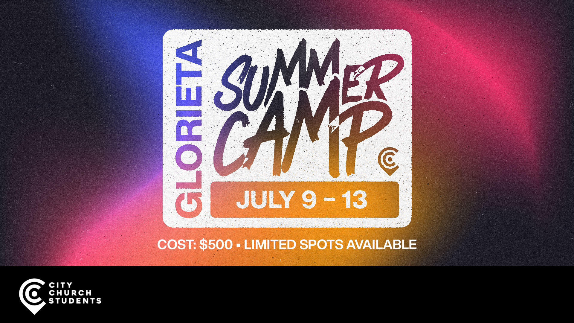 This is our biggest event of the summer. We all load up and drive to Glorieta, New Mexico for summer camp. We go “Rec Camp” which is hosted by Student Life (a ministry branch from Lifeway). For information on the camp, location, and more go to studentlife.lifeway.com. 
<br><br>
If you are looking for the camp forms to fill out, visit studentlife.lifeway.com, click prep center, then click ‘parents click here’, and enter the special REG ID: “81150” to fill out the required forms for camp.